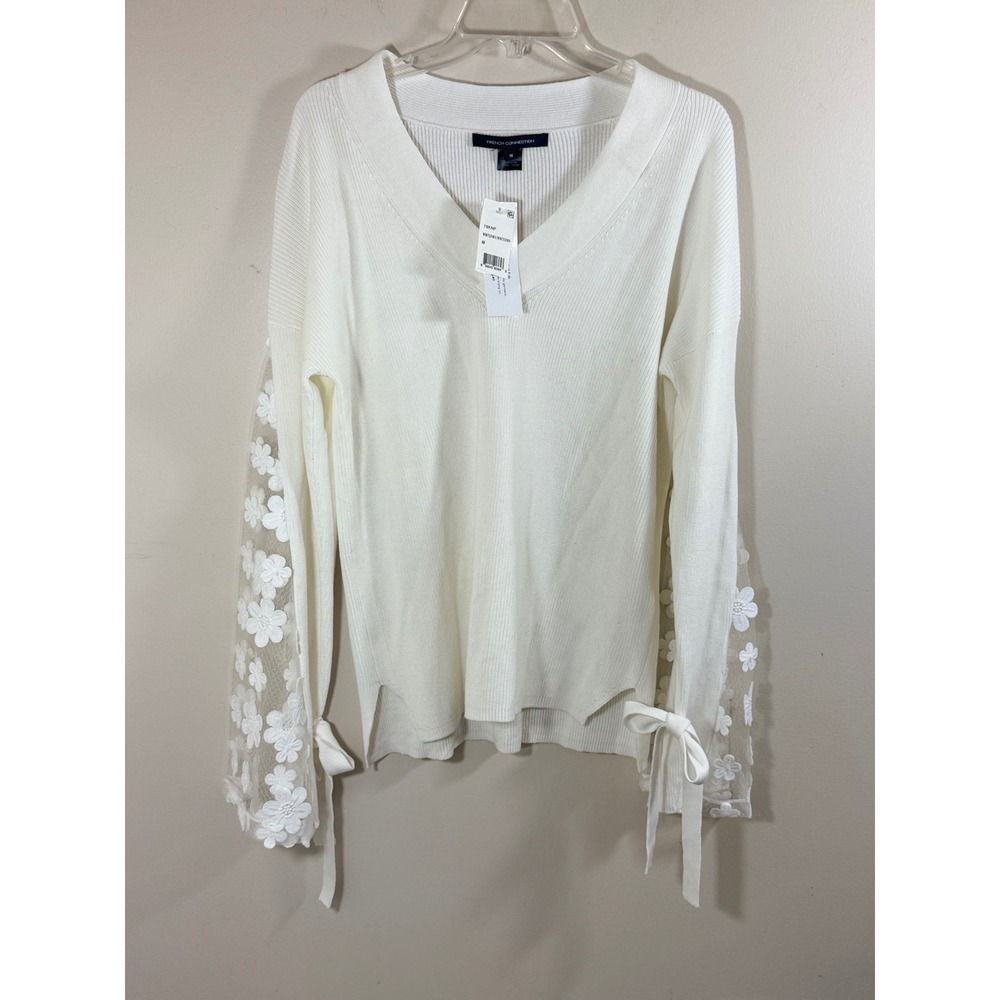 NWT French Connection Women's M White Floral Mesh Sleeve V Neck Knit Sweater